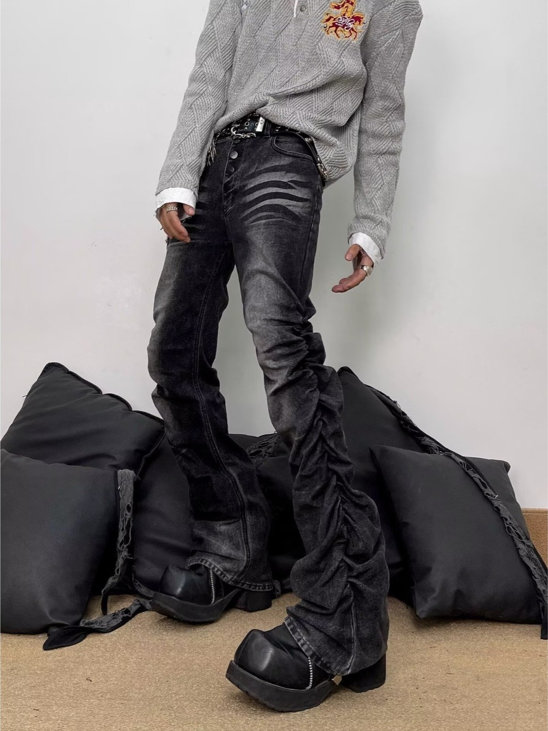 Washed Black Grey Men's Slim S - Streetwear Brand Denim ulasan dan harga