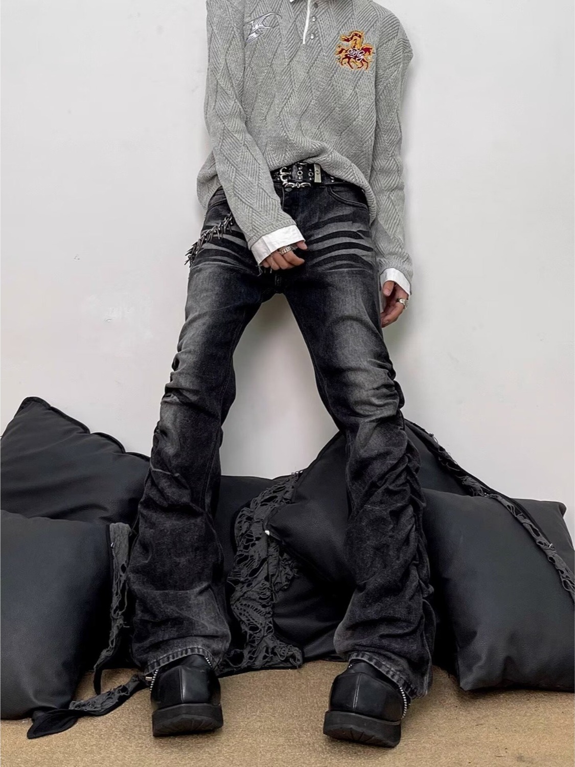 Washed Black Grey Men's Slim S - Streetwear Brand Denim ulasan dan harga